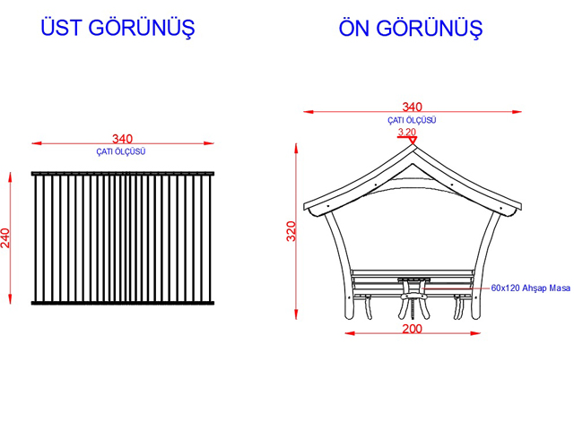 Ahşap Kamelya - Çardak ve Gazebo Modelleri  / Ahşap Japon Çatı Mini Gazebo 200(L)x300(W)x320(H) - 70101 Teknik Resim