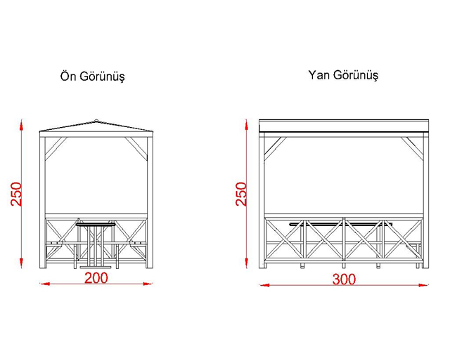 Ahşap Kamelya - Çardak ve Gazebo Modelleri  /  Ahşap Ekonomik Mini Gazebo 200(L)x300(W)x250(H) - 70107 Teknik Resim