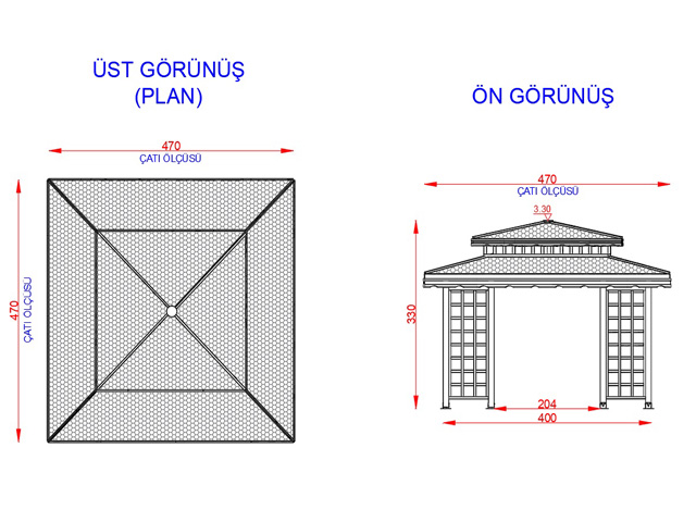 Ahşap Kamelya - Çardak ve Gazebo Modelleri  / Ahşap Çardak Kare 400(L)x400(W)x330(H)-70135 Teknik Resim