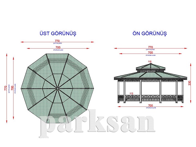 Ahşap Kamelya - Çardak ve Gazebo Modelleri  / Ahşap Kamelya Ongen 700(L)x700(W)x330(H)-70183  Teknik Resim