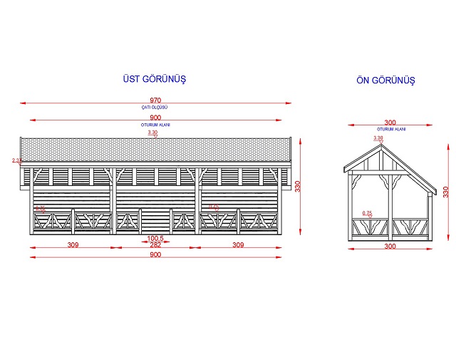 Ahşap Kamelya - Çardak ve Gazebo Modelleri  / Ahşap Çardak Dikdörtgen 300(L)x900(W)x330(H) - 70239  Teknik Resim