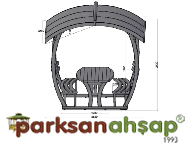 Ahşap Çatılı Piknik Masaları / Çatılı Piknik Masası (Ahşap) - 253(L)x248(W)x242(H) - 70415 Teknik Resim