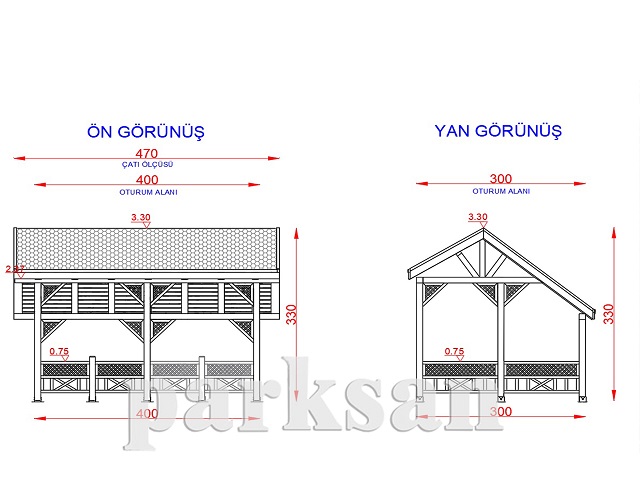 Ahşap Kamelya - Çardak ve Gazebo Modelleri  / Ahşap Kamelya Dikdörtgen 300(L)x400(W)x330(H) - 70209  Teknik Resim