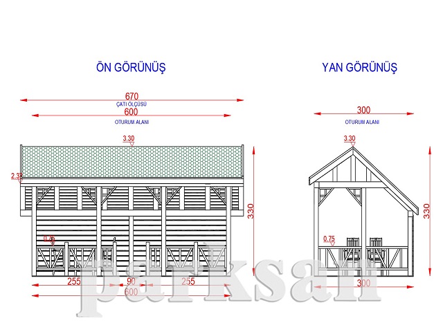 Ahşap Kamelya - Çardak ve Gazebo Modelleri  / Ahşap Kamelya Dikdörtgen 300(L)x600(W)x330(H) - 70228 Teknik Resim