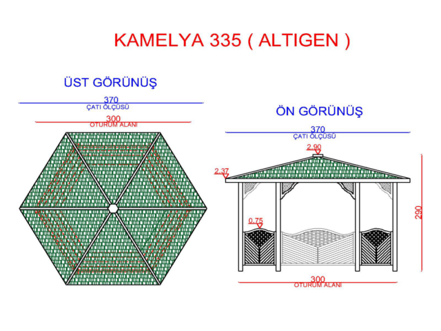 Ahşap Kamelya - Çardak ve Gazebo Modelleri  / Ahşap Kamelya Altıgen 300(L)x300(W)x290(H)-70144 Teknik Resim