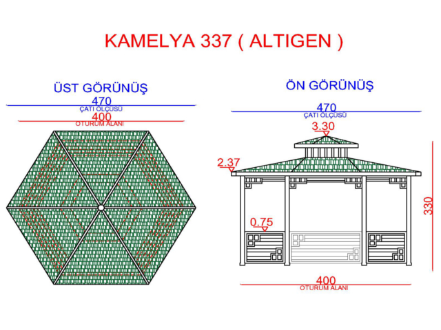 Ahşap Kamelya - Çardak ve Gazebo Modelleri  / Ahşap Kamelya Altıgen 400(L)x400(W)x330(H)-70152 Teknik Resim