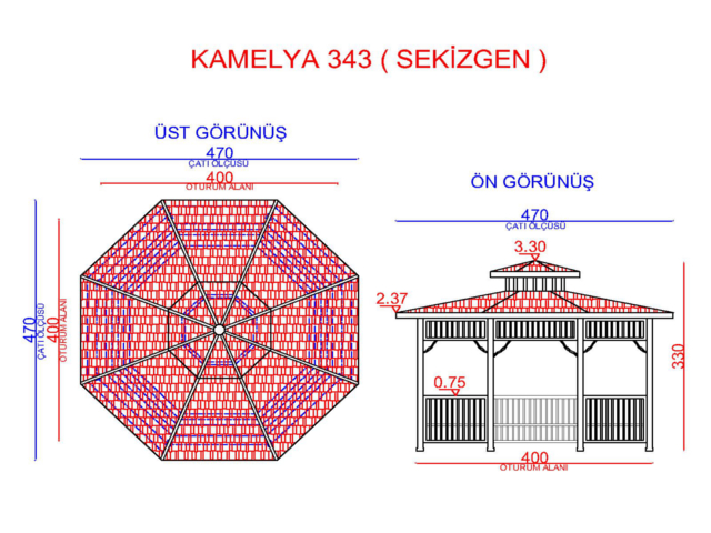 Ahşap Kamelya - Çardak ve Gazebo Modelleri  / Ahşap Gazebo Sekizgen 400(L)x400(W)x330(H) - 70164 Teknik Resim