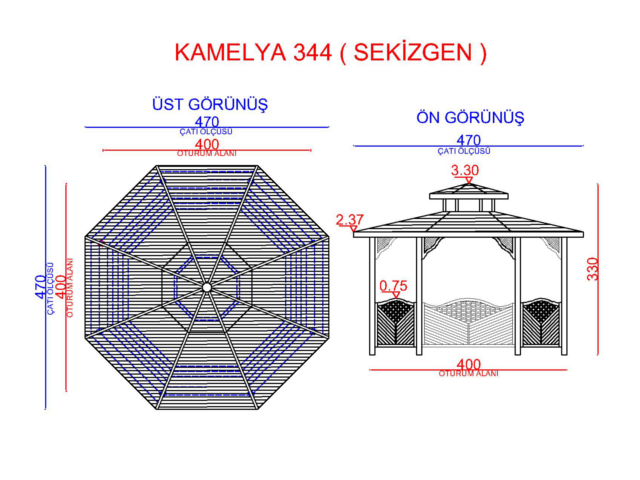 Ahşap Kamelya - Çardak ve Gazebo Modelleri  / Ahşap Kamelya Sekizgen 400(L)x400(W)x330(H) - 70169 Teknik Resim