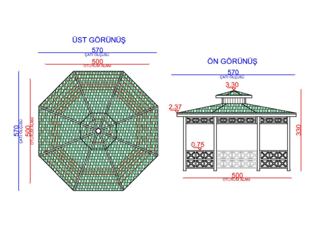 Ahşap Kamelya - Çardak ve Gazebo Modelleri  / Ahşap Kamelya Sekizgen 500(L)x500(W)x330(H) - 70173  Teknik Resim