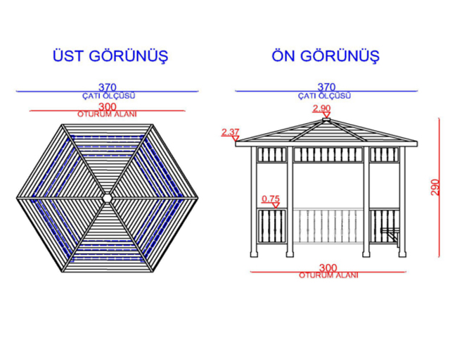 Ahşap Kamelya - Çardak ve Gazebo Modelleri  / Metal Kamelya Altıgen 300(L)x300(W)x290(H)-70154 Teknik Resim