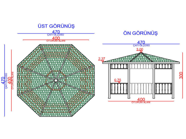 Ahşap Kamelya - Çardak ve Gazebo Modelleri  / Metal Kamelya Sekizgen 400(L)x400(W)x300(H) - 70176   Teknik Resim