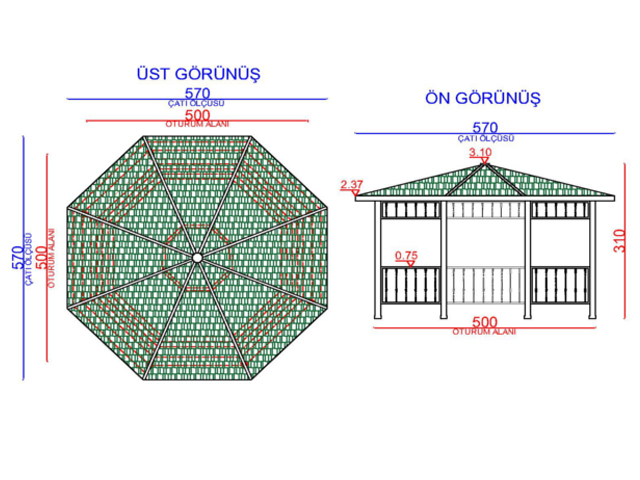 Ahşap Kamelya - Çardak ve Gazebo Modelleri  / Metal Kamelya Sekizgen 500(L)x500(W)x310(H)-70177  Teknik Resim